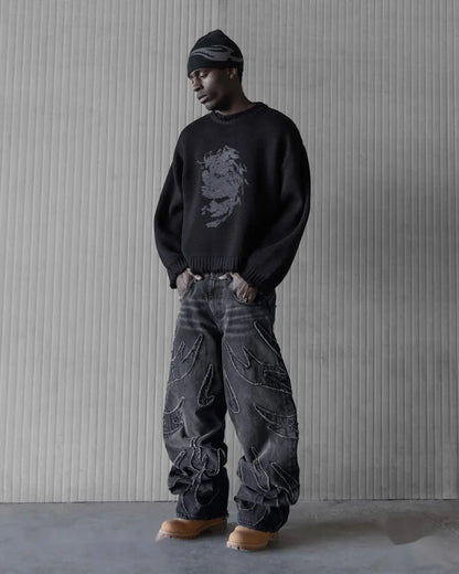 Baggy Black Flame Patchwork Jeans