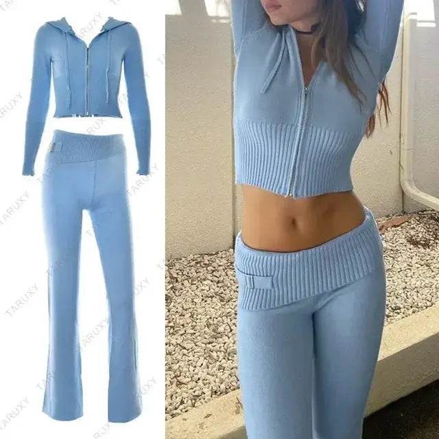 Knitted Hoodie Cropped Top And Pants Set netstar®