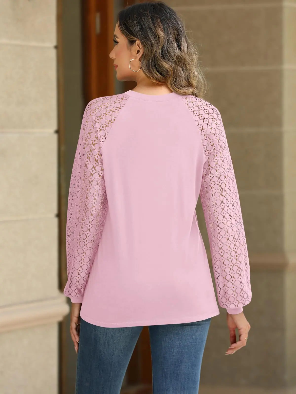 Womens Long Sleeve Shirts Lace Tops Business Casual Fall Fashion Outfits Clothes 2024 Knitted Y2k Blouses Small Pink