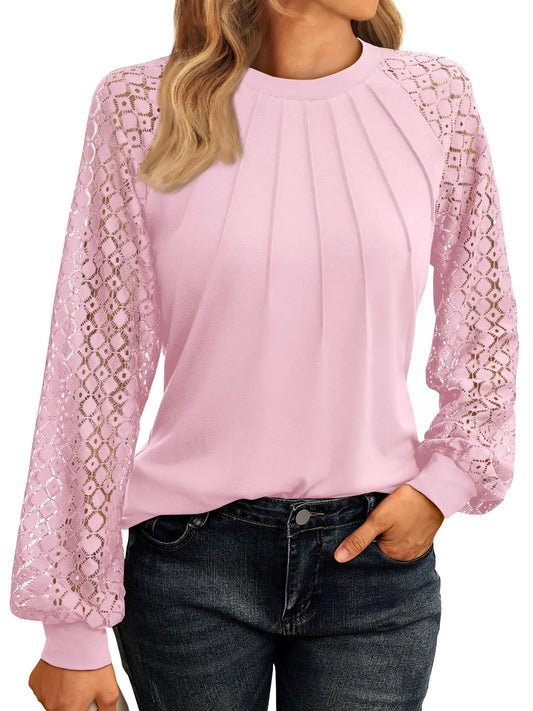 Womens Long Sleeve Shirts Lace Tops Business Casual Fall Fashion Outfits Clothes 2024 Knitted Y2k Blouses Small Pink