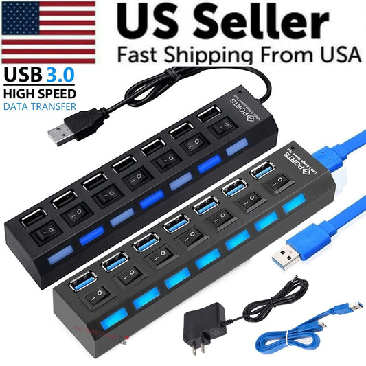 Laptop 7 Port USB 2.0 / 3.0 Hub Splitter Adapter High Speed