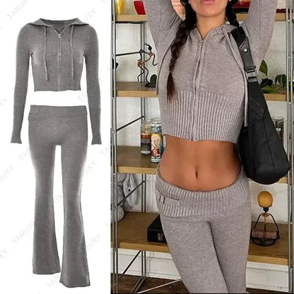 Knitted Hoodie Cropped Top And Pants Set netstar®