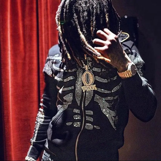 Rhinestone Hip-Hop Skeleton Zip-Up