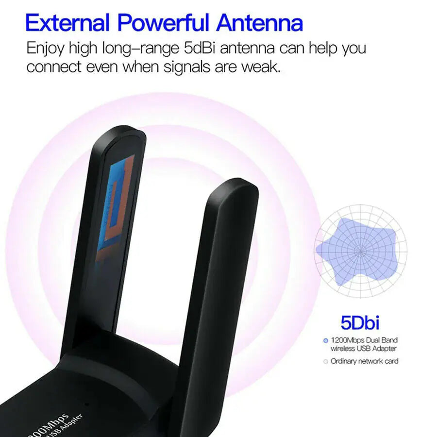 Computer & Console 1200Mbps Long Range 5GHz Wireless USB WiFi Adapter Antennas