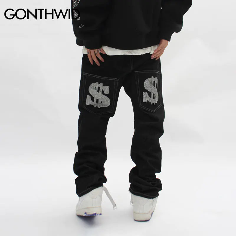 Money Rhinestone Loose Black Trousers