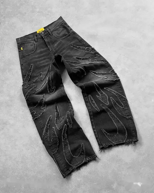 Baggy Black Flame Patchwork Jeans