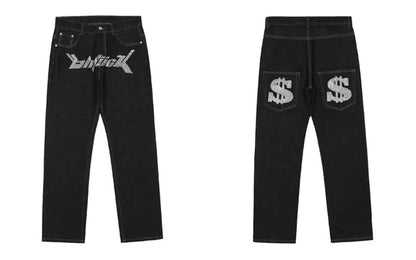 Money Rhinestone Loose Black Trousers