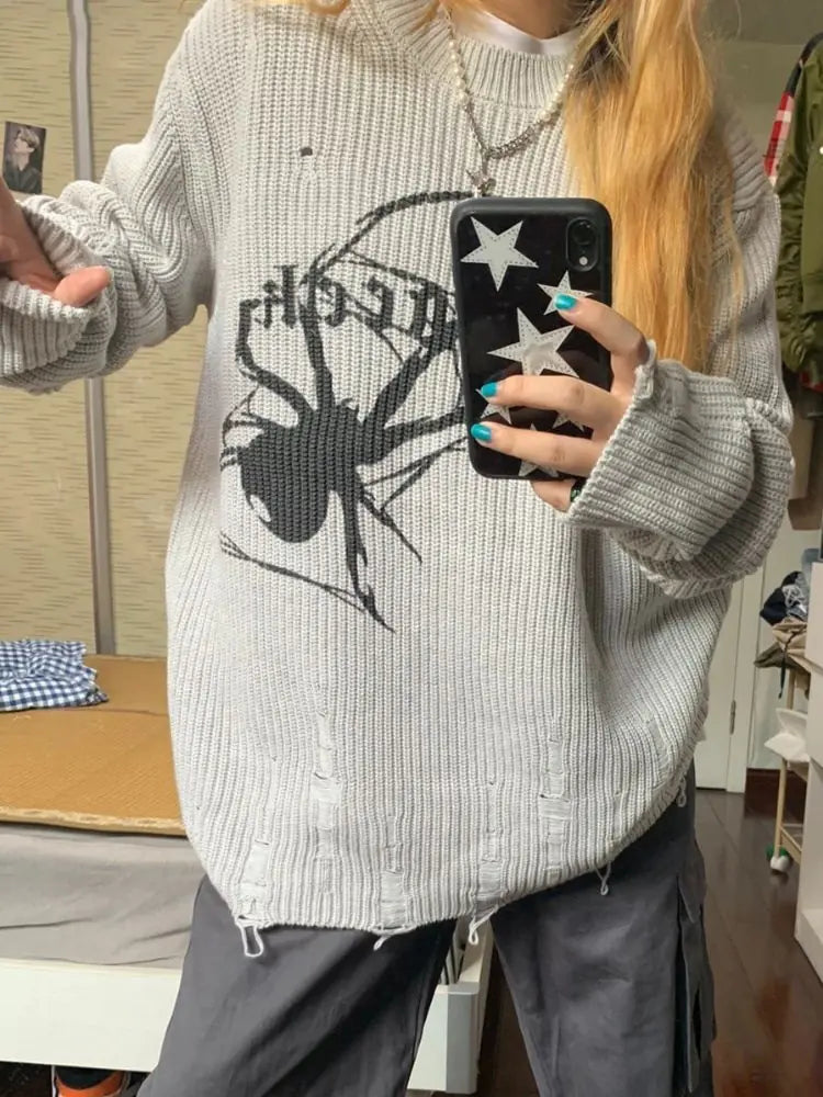 Spider Print Gothic Y2K Sweater