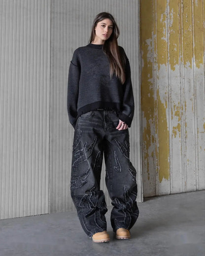 Baggy Black Flame Patchwork Jeans