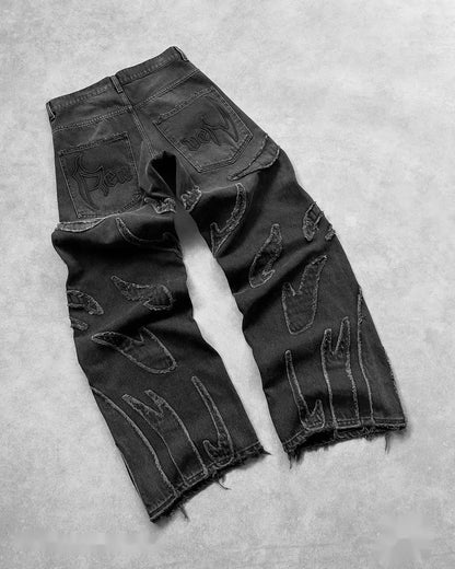 Baggy Black Flame Patchwork Jeans