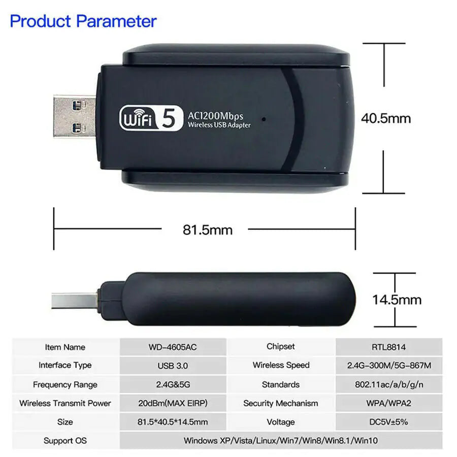 Computer & Console 1200Mbps Long Range 5GHz Wireless USB WiFi Adapter Antennas