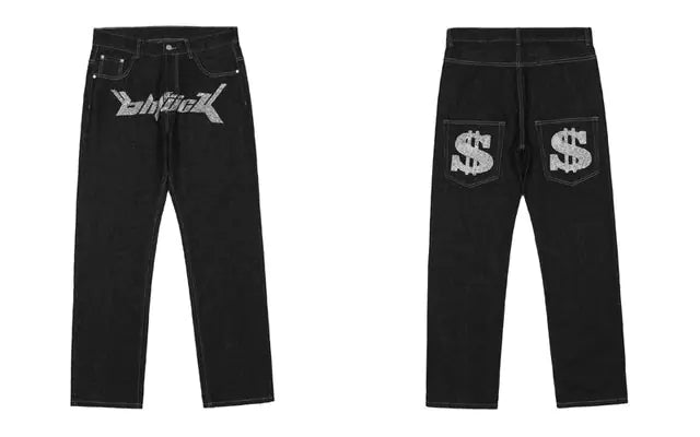 Money Rhinestone Loose Black Trousers